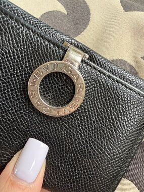 BVLGARI Black Textured Leather Card Case with Silver Logo Ring